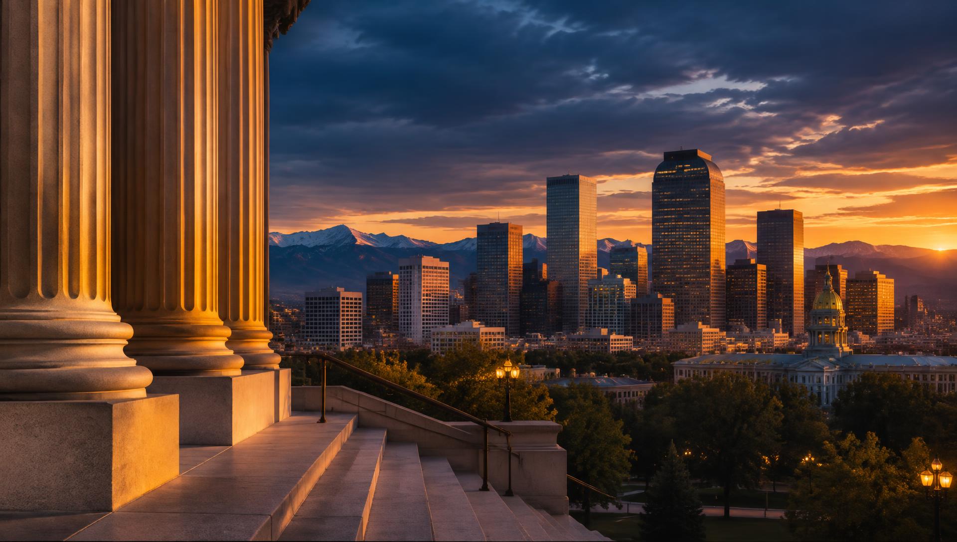 Denver skyline at dusk seen from courthouse steps